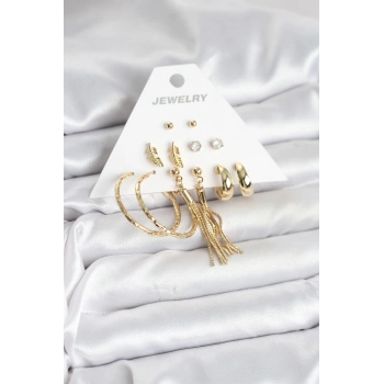 Gold Renk Pirinç Kadın 6 Çift Küpe Seti - TJ-BKP11317