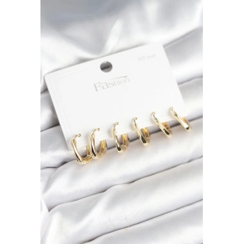 Gold Renk Pirinç Kare Halka Model 925 Ayar Gümüş Çivili Kadın Küpe Seti - TJ-BKP11266