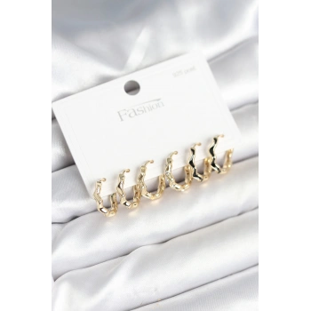 Gold Renk Pirinç Zikzak Model 925 Ayar Gümüş Çivili Kadın Küpe Seti - TJ-BKP11264