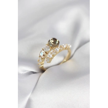 Gold Renk Pirinç Zirkon Taşlı İncili Kadın Yüzük - TJ-BYK4036