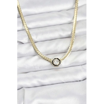 Gold Renk Pirinç Zirkon Taşlı Kadın Kolye - TJ-BKO10792