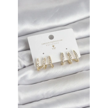 Gold Renk Pirinç Zirkon Taşlı Kadın Küpe - TJ-BKP11648
