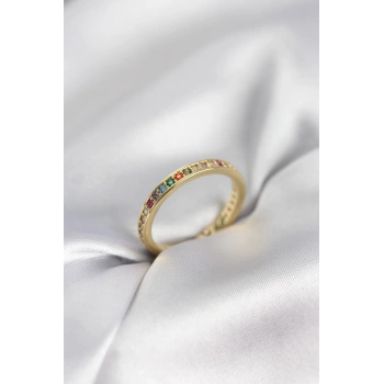 Gold Renk Sıralı Renkli Zirkon Taşlı Kadın Yüzük - TJ-BYK3965