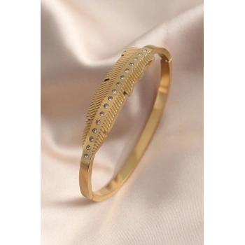 Gold Renk Yaprak Model Zirkon Taş Detay Kelepçe Kadın Bileklik - TJ-BB4681