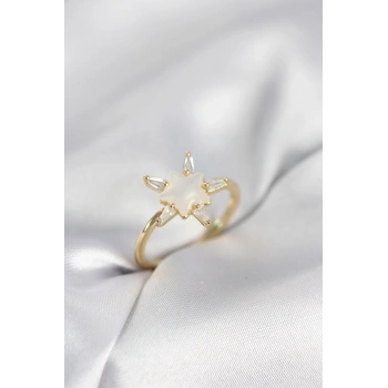 Gold Renk Yıldız Model Sedefli Zirkon Taşlı Kadın Yüzük - TJ-BYK4052