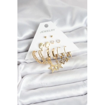 Gold Renk Yıldızlı Set 6 Çift Kadın Küpe Seti - TJ-BKP11320