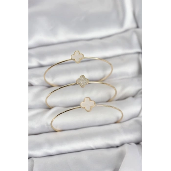 Gold Renk Yonca Model Zirkon Taşlı 3lü Kadın Bileklik Kombini - TJ-BB8345