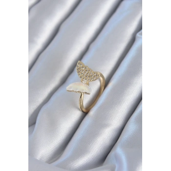 Gold Renk Zirkon Taş Detay Pirinç Kadın Yüzük - TJ-BYK2815