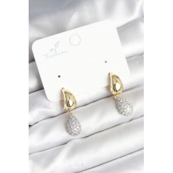 Gold Renk Zirkon Taşlı Damla Pirinç Kadın Küpe - TJ-BKP11288