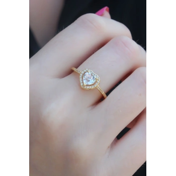 Gold Renk Zirkon Taşlı Kalp Model Charm Pirinç Kadın Yüzük - TJ-BYK2654
