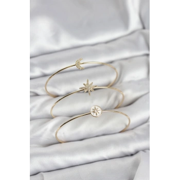 Gold Renk Zirkon Taşlı Kutup Yıldızı Model 3lü Kadın Bileklik Kombini - TJ-BB8355