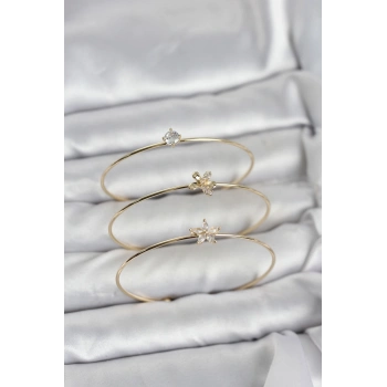 Gold Renk Zirkon Taşlı Pirinç 3lü Kadın Bileklik Kombini - TJ-BB8343