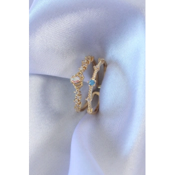 Gold Renk Zirkon Taşlı Taç Figür Pirinç Kadın Yüzük - TJ-BYK2706