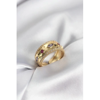 Gold Renk Zirkon Taşlı Vintage Kadın Yüzük - TJ-BYK3959