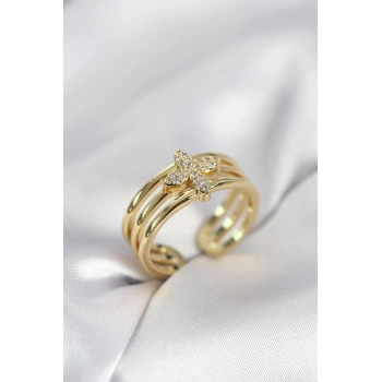 Gold Renk Zirkon Taşlı Yonca Model Kadın Yüzük - TJ-BYK4054