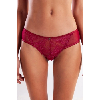 Golshan Gaspara Mini Slip, Kadın Güpürlü Tüllü Şarap Renkli Normal Kesim Külot