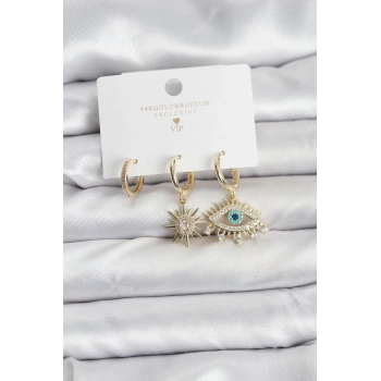 Göz Model Gold Renk Pirinç 3lü Kadın Küpe Seti - TJ-BKP11439