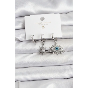 Göz Model Gümüş Renk Pirinç 3lü Kadın Küpe Seti - TJ-BKP11440