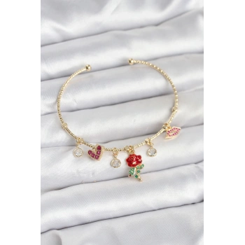 Gül Charmlı Gold Renk Pirinç Kadın Bileklik - TJ-BB8043