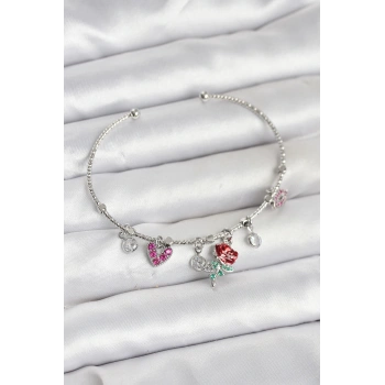 Gül Charmlı Gümüş Renk Pirinç Kadın Bileklik - TJ-BB8044