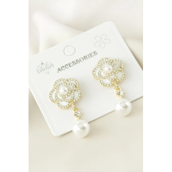 Gül İnci Taşlı Metal Küpe