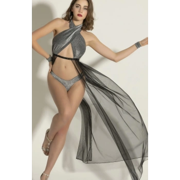 Gümüş Işıltılı Tül Detaylı Seksi Fantezi İç Giyim Seti,3 Parça Seksi Fantazi Kostüm