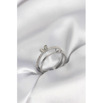 Gümüş Renk 2li Zirkon Taşlı Kelebek Model Kadın Yüzük - TJ-BYK3978