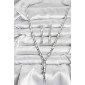 Gümüş Renk Baget Zirkon Taşlı Kadın Kolye Küpe Set - TJ-BKO10637