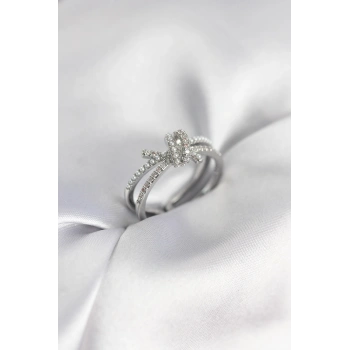 Gümüş Renk İncili Zirkon Taşlı Düğüm Kadın Yüzük - TJ-BYK3949