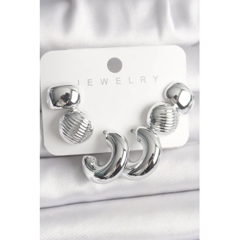 Gümüş Renk İşlemeli Daire Halka Model CCB Platik Kadın Küpe Seti - TJ-BKP10025