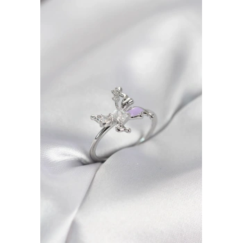 Gümüş Renk Kelebek Model Zirkon Taşlı Kadın Yüzük - TJ-BYK4138