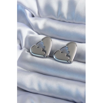 Gümüş Renk Kırık Kalp Model Pirinç Kadın Küpe - TJ-BKP8083