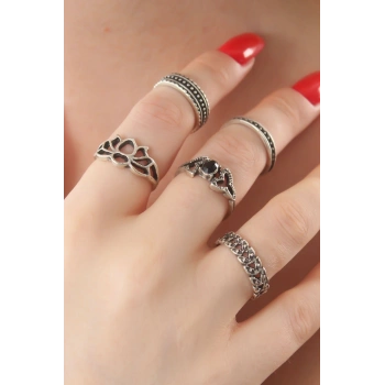 Gümüş Renk Lotus Model Siyah Kristal Taş Detay Bayan Yüzük Kombin - TJ-BYK2740