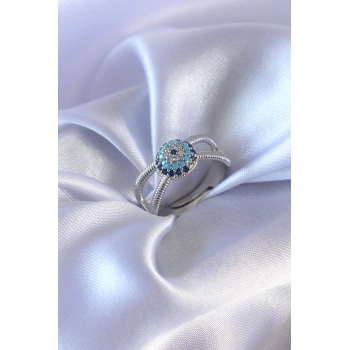 Gümüş Renk Nazar Boncuk Model Kadın Yüzük - TJ-BYK2567