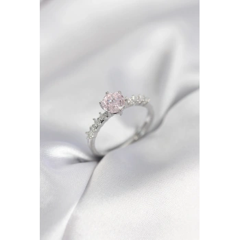 Gümüş Renk Pembe Tek Taş Model Zirkon Taşlı Kadın Yüzük - TJ-BYK3992
