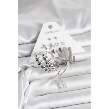 Gümüş Renk Pirinç 6lı Kadın Küpe Seti - TJ-BKP11330