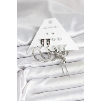 Gümüş Renk Pirinç 6lı Kadın Küpe Seti - TJ-BKP11337