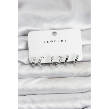 Gümüş Renk Pirinç Minimal Kalp Detaylı Kadın Küpe Seti - TJ-BKP11472