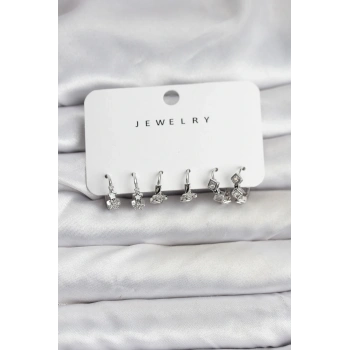 Gümüş Renk Pirinç Yıldız Modelli Kadın Küpe Seti - TJ-BKP11484