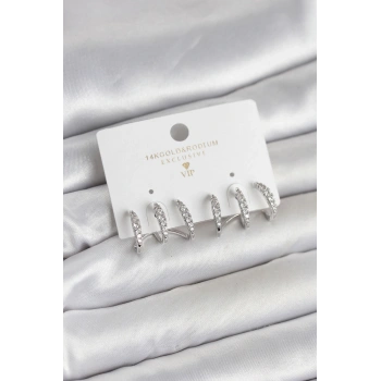 Gümüş Renk Pirinç Zirkon Taşlı Kadın Küpe - TJ-BKP11641