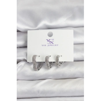 Gümüş Renk Pirinç Zirkon Taşlı Kalpli Kadın Küpe - TJ-BKP11345