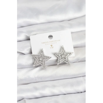 Gümüş Renk Pirinç Zirkon Taşlı Yıldız Model Kadın Küpe - TJ-BKP11513