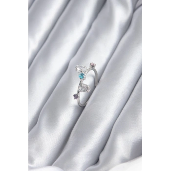 Gümüş Renk Renkli Zirkon Taşlı Kadın Yüzük - TJ-BYK2843