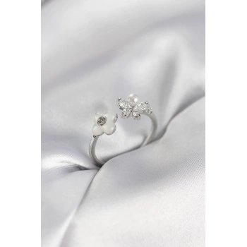 Gümüş Renk Sedefli Çiçek Model Kadın Yüzük - TJ-BYK3982
