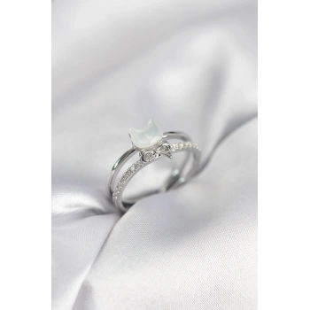 Gümüş Renk Sedefli Kedi Model Fiyonklu Zirkon Taşlı Kadın Yüzük - TJ-BYK4016