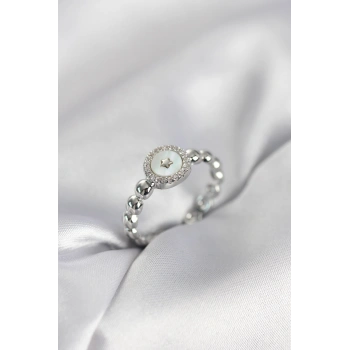 Gümüş Renk Sedefli Yıldız Model Zirkon Taşlı Kadın Yüzük - TJ-BYK4008