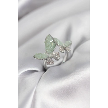 Gümüş Renk Su Yeşili Kelebek Model Zirkon Taşlı Kadın Yüzük - TJ-BYK3947