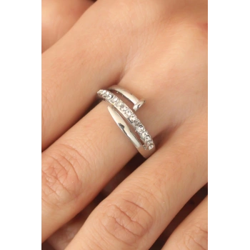 Gümüş Renk Taşlı Çivi Ayarlanabilir Kadın Yüzük - TJ-BYK2407