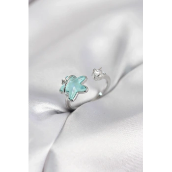 Gümüş Renk Turkuaz Yıldız Model Kadın Yüzük - TJ-BYK4146