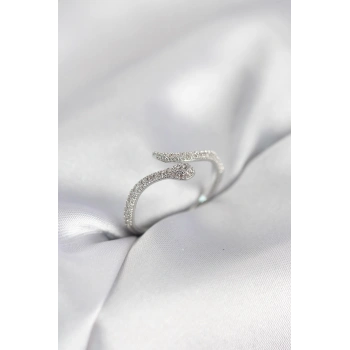 Gümüş Renk Yılan Model Zirkon Taşlı Kadın Yüzük - TJ-BYK4071